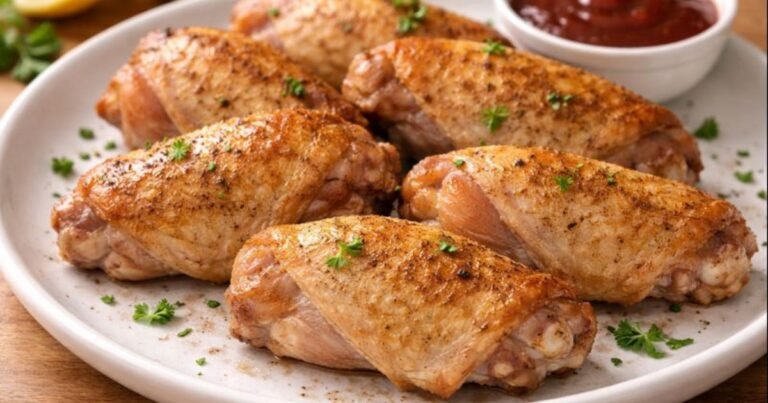 Crispy oven-baked chicken wings served with dipping sauce