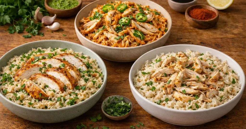 Rotisserie chicken with rice in three bowls