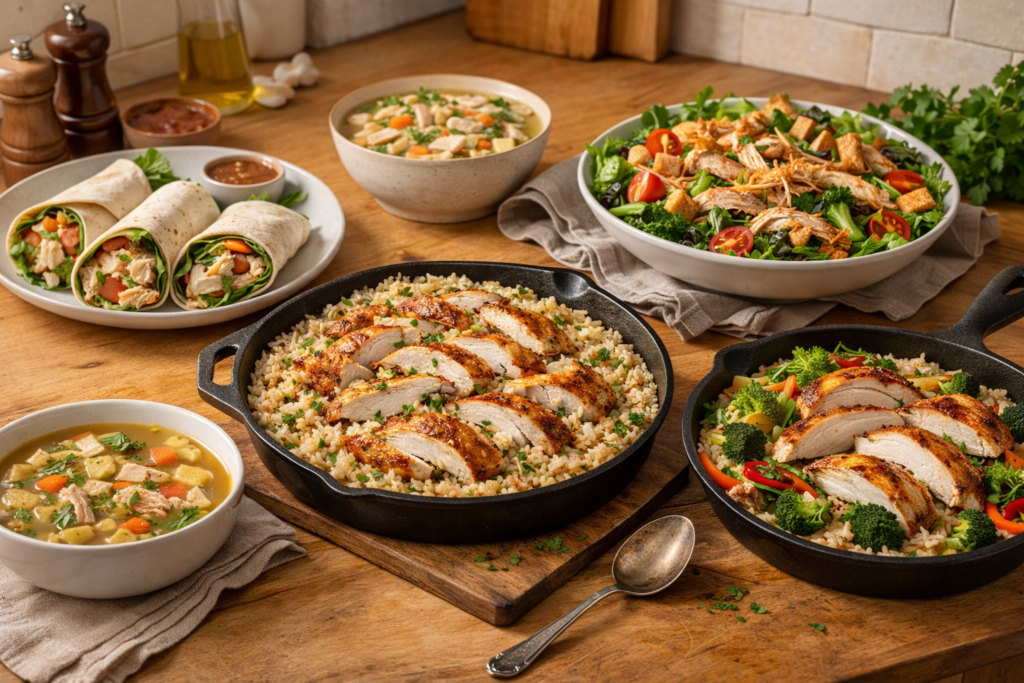 Rotisserie chicken recipes for busy weeknights with rice, wraps, soup, and salad