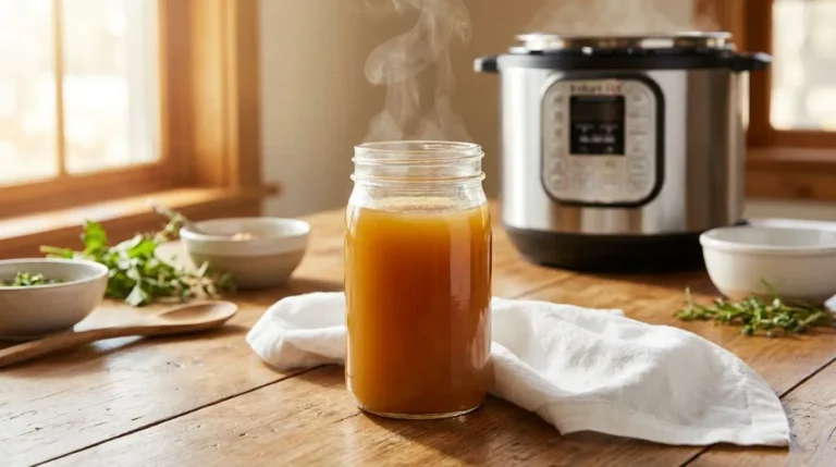 Instant Pot Chicken Bone Broth in glass jar with gelatin-rich golden color