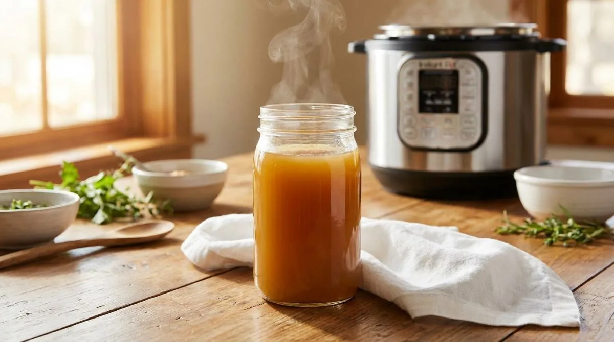 Instant Pot Chicken Bone Broth in glass jar with gelatin-rich golden color