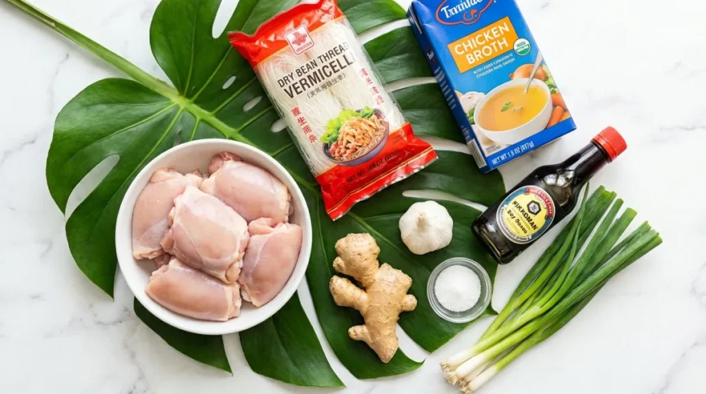 Flat lay of authentic Chicken Long Rice ingredients including