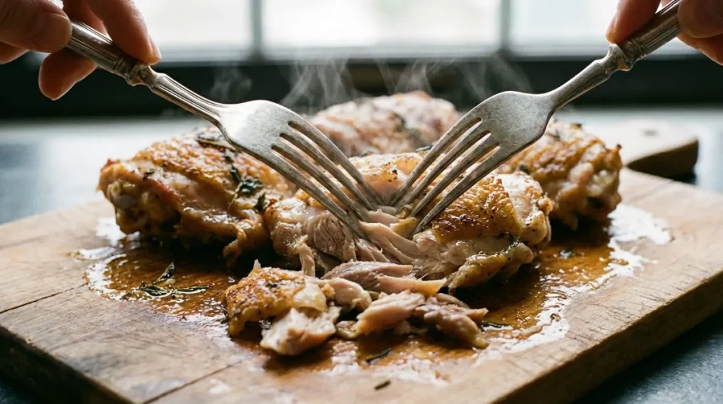 Two forks shredding tender cooked chicken thighs on a wooden board for