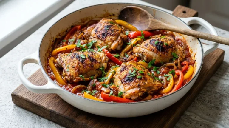 Golden crispy chicken thighs cooking in a skillet with red and yellow bell peppers for an easy Chicken and Peppers recipe Roman style.
