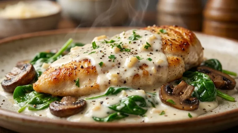 Extreme close-up of chicken spinach mushroom recipe featuring golden seared breast in a glossy garlic parmesan sauce