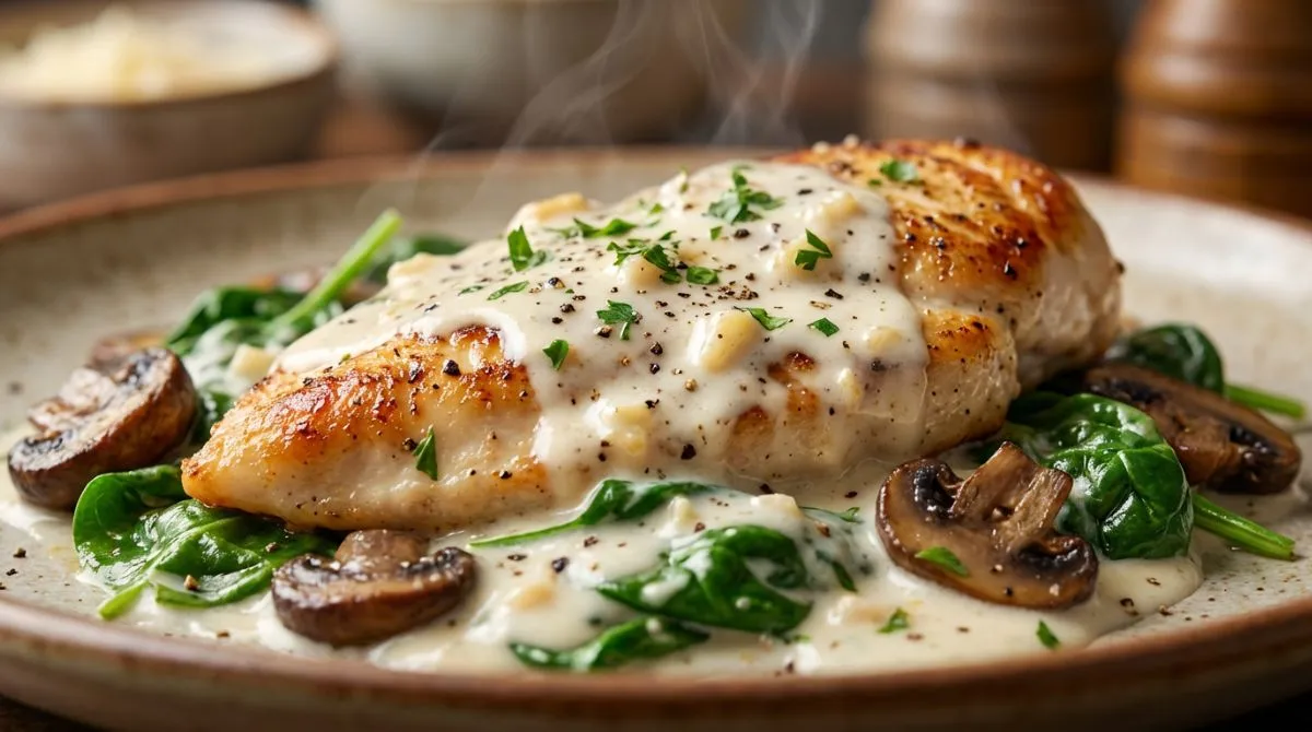 Extreme close-up of chicken spinach mushroom recipe featuring golden seared breast in a glossy garlic parmesan sauce
