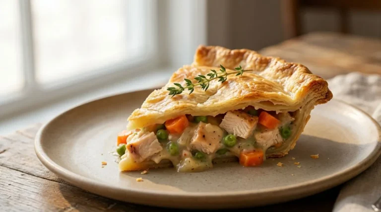 Golden slice of Easy Chicken Pot Pie Recipe with Cream of Chicken Soup on a plate.