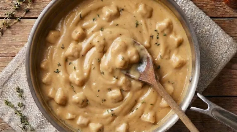 Creamy homemade Gluten Free Cream of Chicken Soup in a saucepan