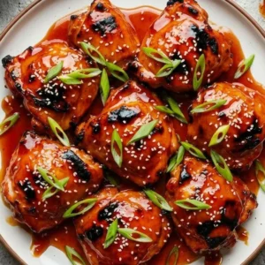 Juicy baked teriyaki chicken thighs glazed with sticky sauce, garnished with sesame seeds