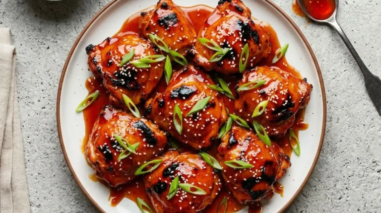 Juicy baked teriyaki chicken thighs glazed with sticky sauce, garnished with sesame seeds