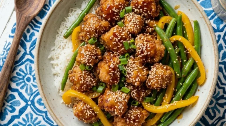 crispy honey sesame chicken panda express copycat in a bowl with green beans, yellow peppers, and a side of rice.