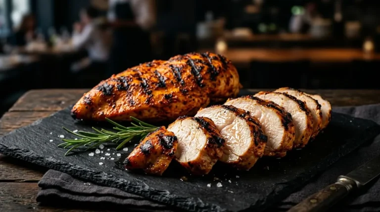 Juicy sliced pellet grill chicken breast on a black board with BBQ sauce