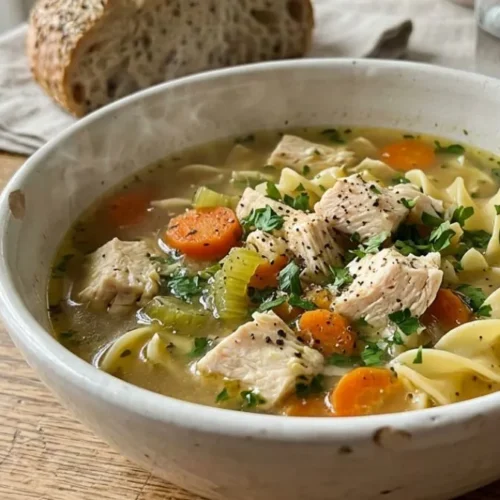 A warm, comforting bowl of homemade low sodium chicken noodle soup with fresh carrots, celery, and egg noodles in a white bowl.