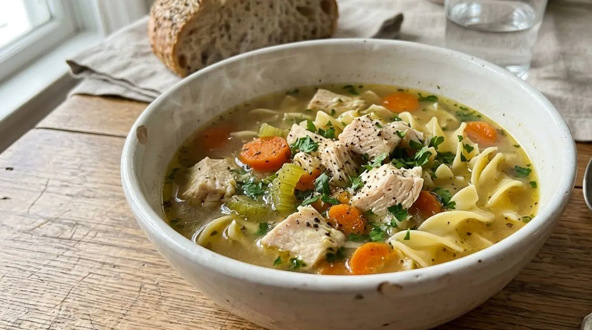 A warm, comforting bowl of homemade low sodium chicken noodle soup with fresh carrots, celery, and egg noodles in a white bowl.
