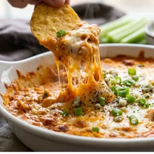 A hot and cheesy scoop of the best frank's redhot buffalo chicken dip served with tortilla chips.