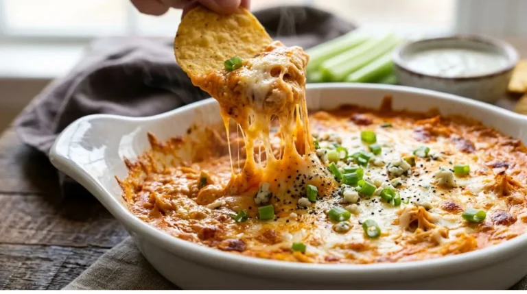 A hot and cheesy scoop of the best frank's redhot buffalo chicken dip served with tortilla chips.