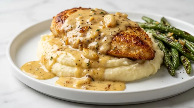 Chicken and mashed potatoes recipe featuring golden seared cutlets, fluffy potatoes, and a rich creamy garlic gravy.