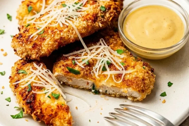 Two pieces of crispy air fryer parmesan crusted chicken topped with melted cheese on a clean plate.