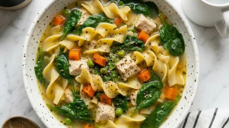 A warm, comforting bowl of homemade low sodium chicken noodle soup with fresh carrots, celery, and egg noodles in a white bowl.