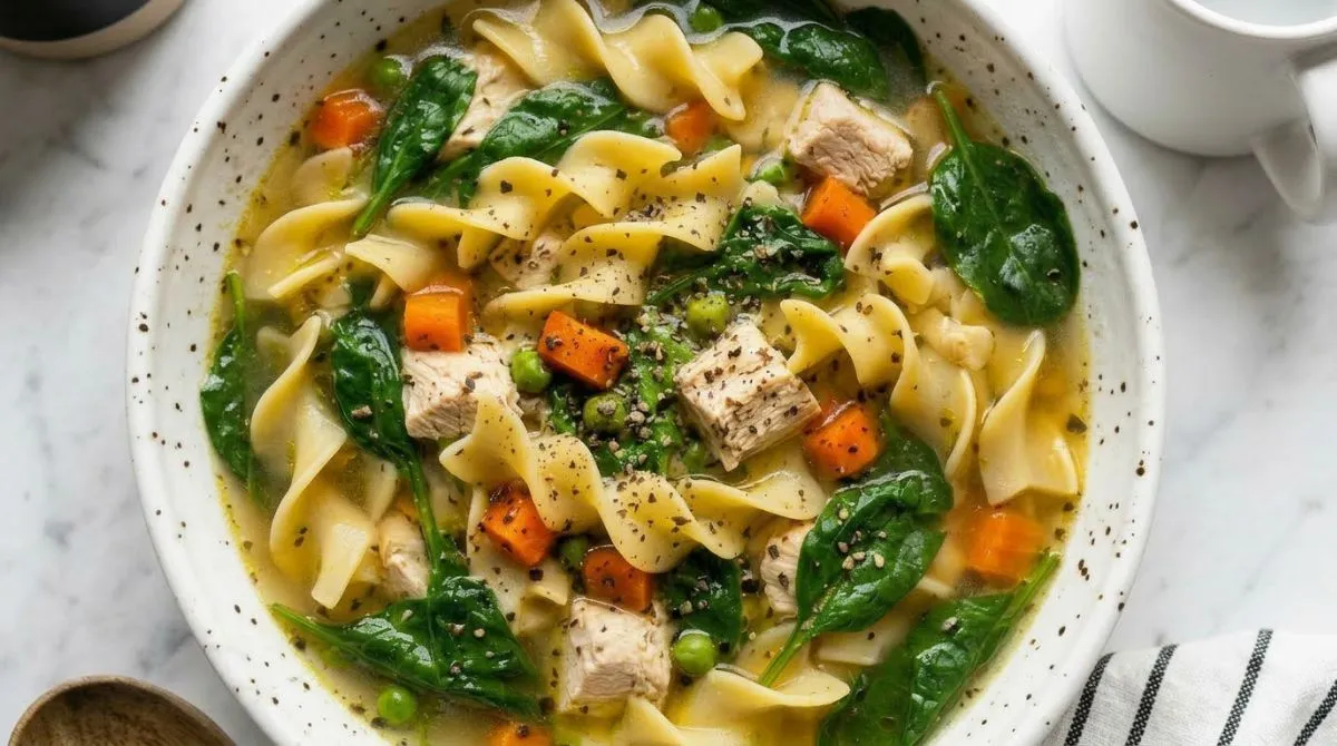 A warm, comforting bowl of homemade low sodium chicken noodle soup with fresh carrots, celery, and egg noodles in a white bowl.