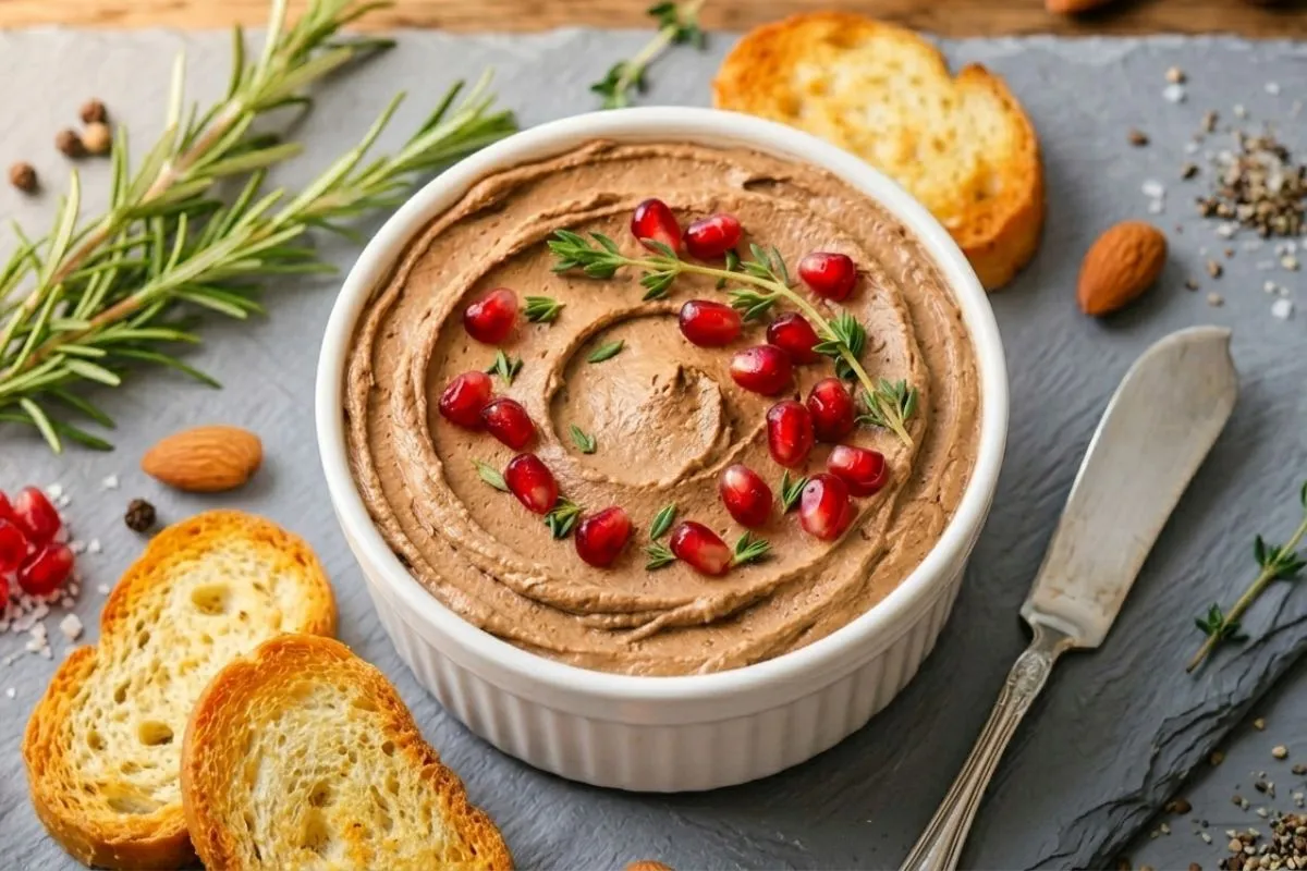 Chicken liver pate recipe served in a white ramekin garnished with fresh thyme and pomegranate seeds alongside toasted baguette slices