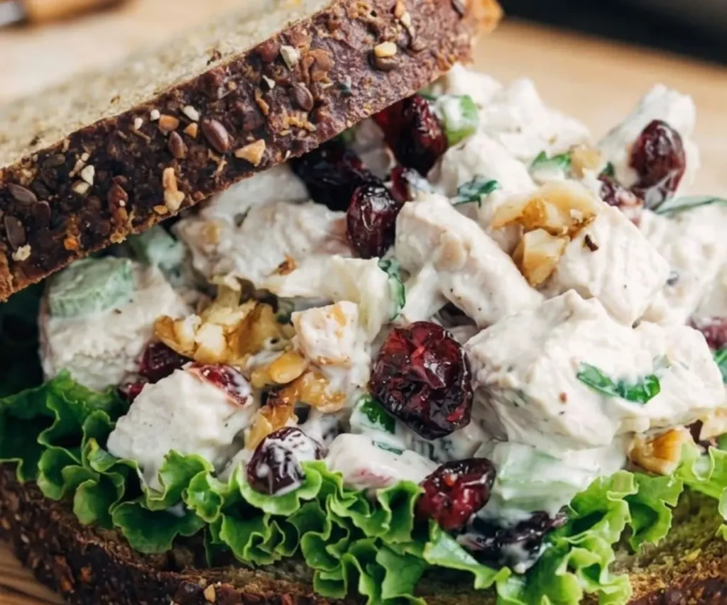 Cranberry pecan chicken salad sandwich on whole grain bread