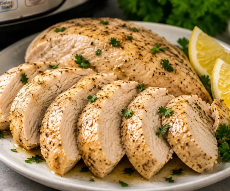 Juicy Instant Pot frozen chicken breast sliced on a plate with fresh parsley and lemon wedges.