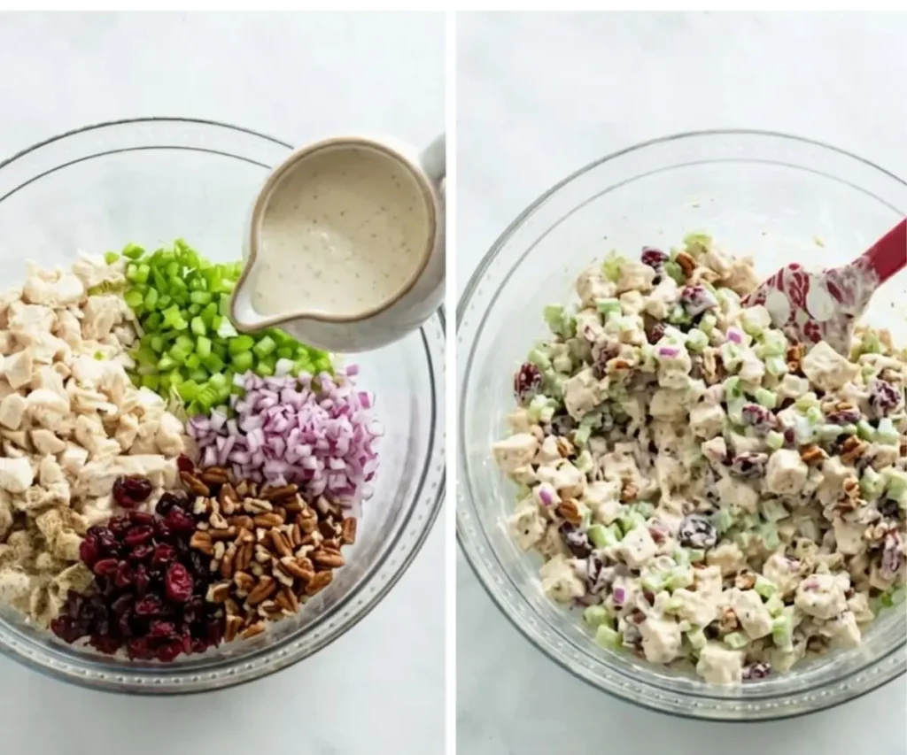 Mixing chicken with cranberries, pecans, celery, and red onion in dressing